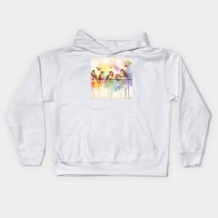 Cute brightly colored birds on a wire Kids Hoodie